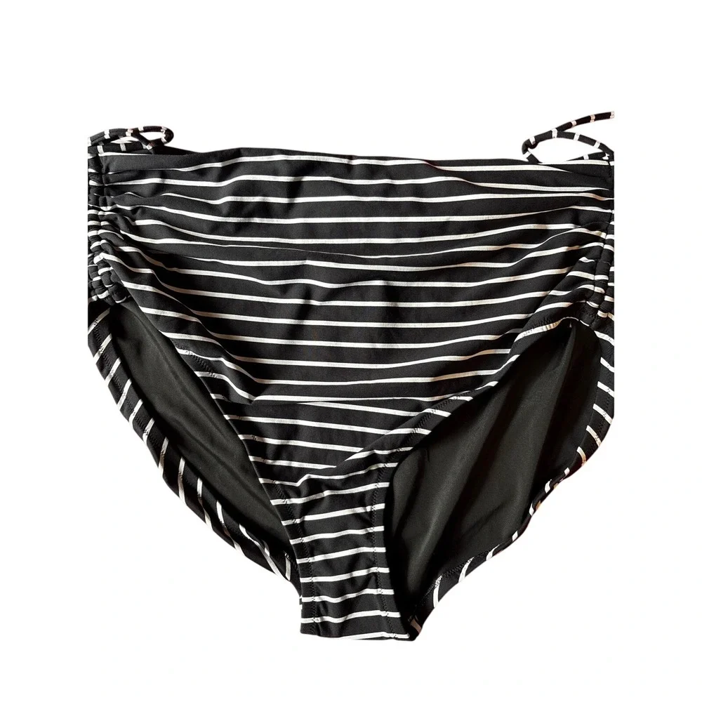 CALIA Womens Stripe Black Ruched Side Rise Swimsuit Bikini Bottom
